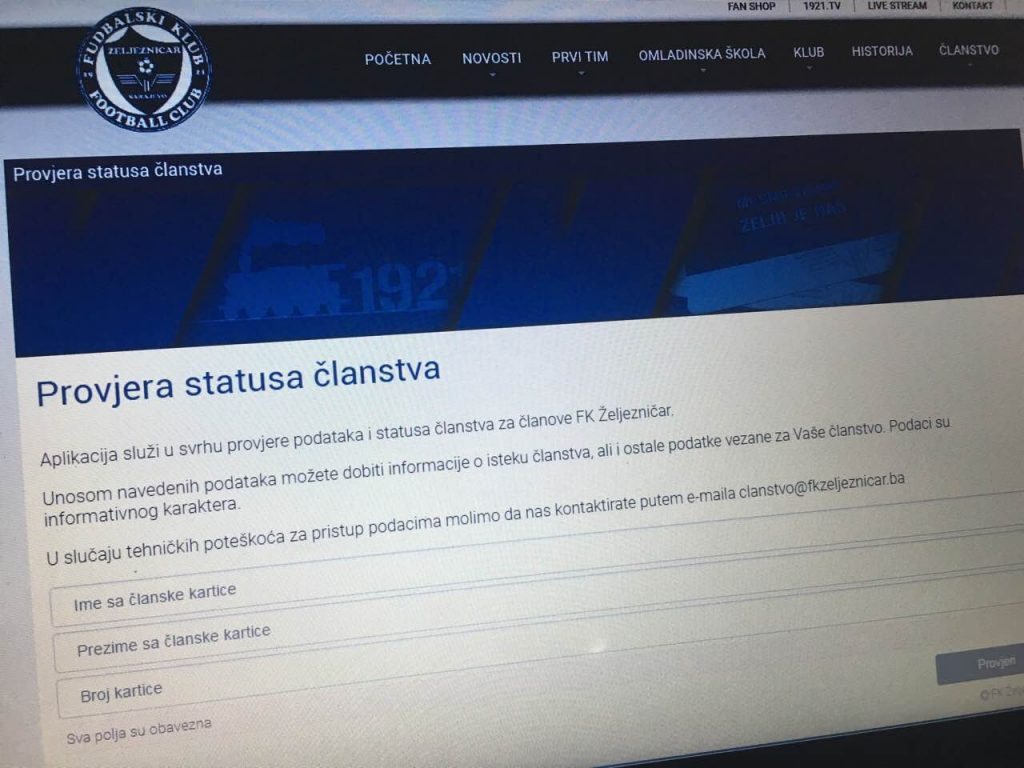 Provjerite status svog članstva u FK Željezničar